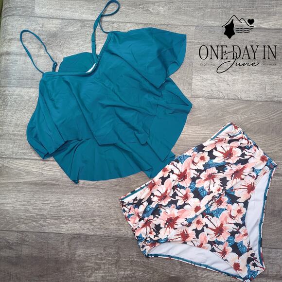 Tempt Me Plus Size Tummy Control High Waist Flounce Bikini Swimsuit Size XXL - Picture 3 of 6